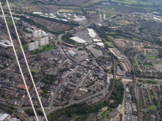Flying over the suburbs of Glasgow